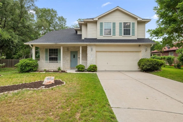 407 N Lori Cir, Bastrop, TX 78602 - traditional home with an attached garage, covered porch, stone siding, concrete driveway, and roof with shingles