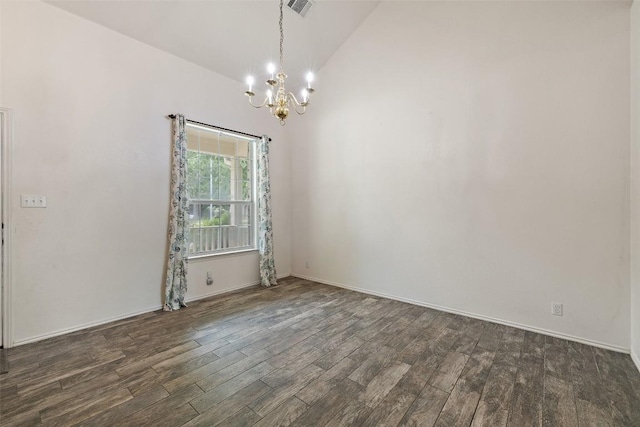 407 N Lori Cir, Bastrop, TX 78602 - empty room featuring a chandelier, dark wood-type flooring, lofted ceiling, and baseboards