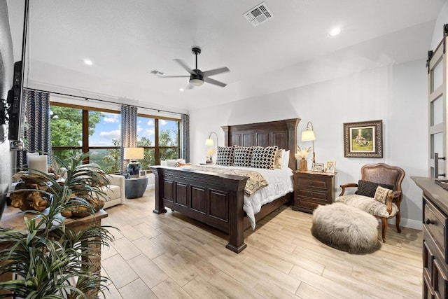 741 Faith Dr, Liberty Hill, TX 78642 - bedroom featuring light wood-style flooring, recessed lighting, ceiling fan, and baseboards