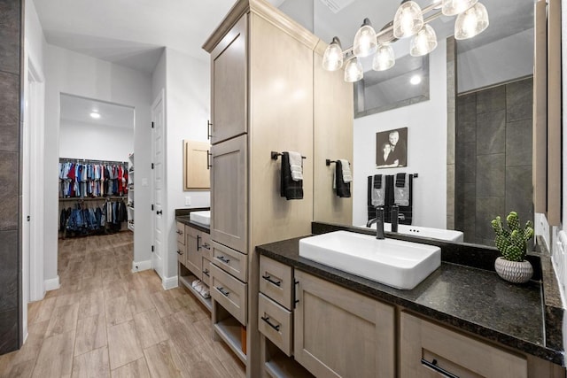 741 Faith Dr, Liberty Hill, TX 78642 - full bathroom with vanity, a walk in closet, wood finished floors, baseboards, and a chandelier
