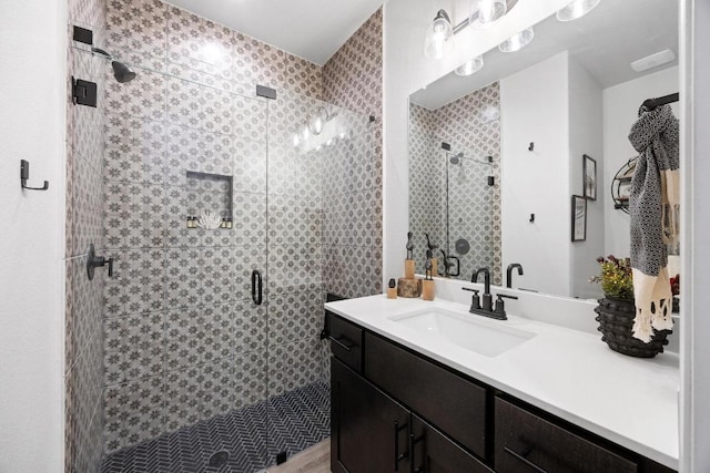 741 Faith Dr, Liberty Hill, TX 78642 - bathroom featuring a stall shower and vanity