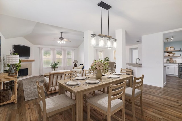 3339 Alexander Valley Cv, Round Rock, TX 78665 - dining room featuring ceiling fan, dark wood-style flooring, a fireplace, and vaulted ceiling
