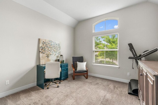 carpeted office with baseboards, vaulted ceiling, and a wealth of natural light