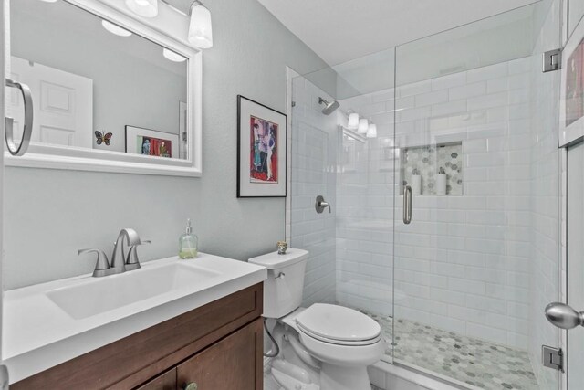 bathroom featuring vanity, a shower stall, and toilet