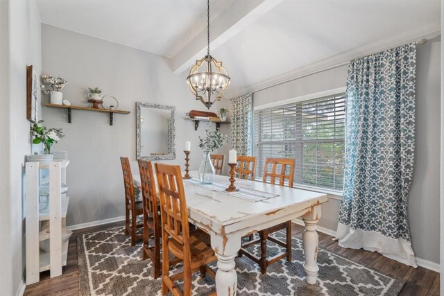 dining room with baseboards, wood finished floors, vaulted ceiling with beams, and an inviting chandelier