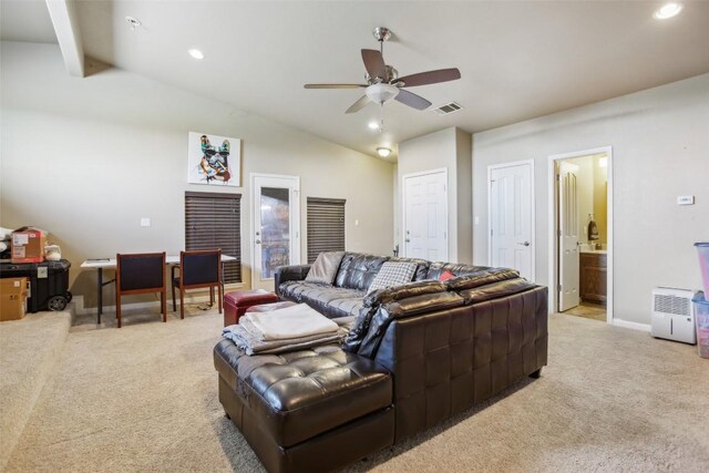 living area with vaulted ceiling with beams, a ceiling fan, recessed lighting, and light carpet