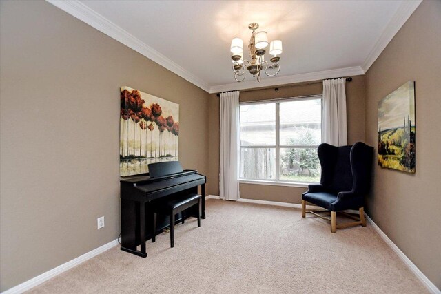 sitting room with an inviting chandelier, baseboards, crown molding, and light colored carpet