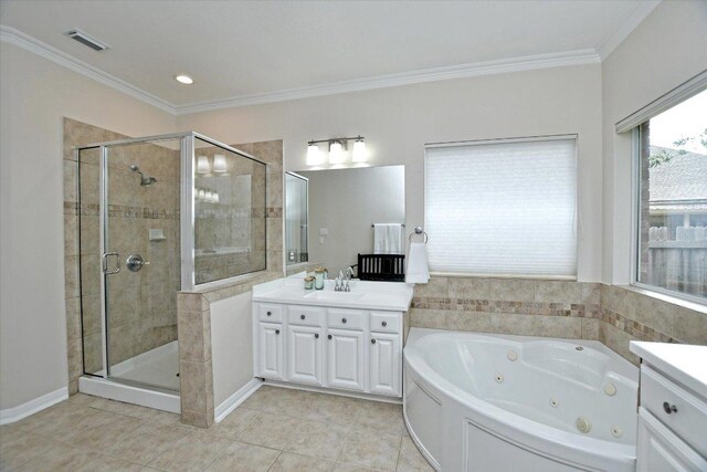 bathroom featuring visible vents, a stall shower, and vanity