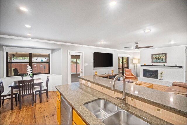 kitchen featuring stainless steel dishwasher, a fireplace, a sink, light wood finished floors, and ornamental molding