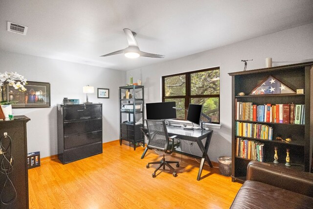home office featuring ceiling fan, wood finished floors, and visible vents