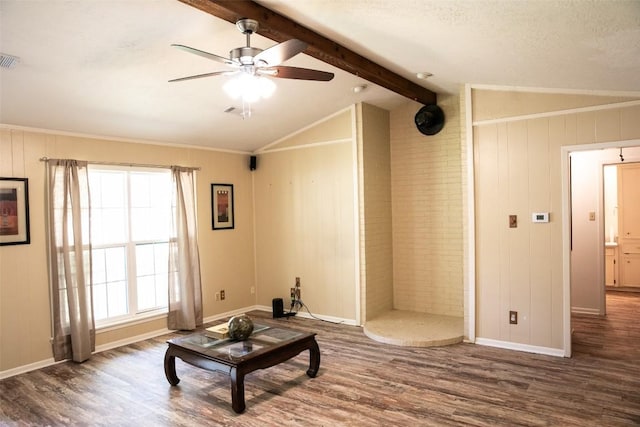 3477 Bradley Ln, Brenham, TX 77833 - sitting room featuring ceiling fan, lofted ceiling with beams, baseboards, wood finished floors, and visible vents