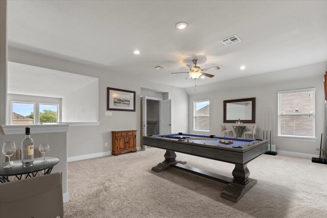 1800 Erie Dr, Leander, TX 78641 - rec room with light carpet, billiards table, plenty of natural light, recessed lighting, and a ceiling fan
