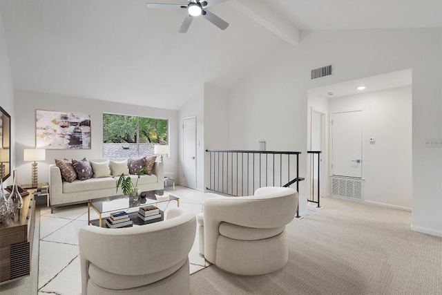 3608 Branigan Ln, Austin, TX 78759 - living room with beamed ceiling, a ceiling fan, baseboards, high vaulted ceiling, and light colored carpet