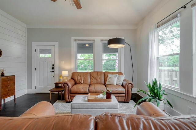 living room with baseboards, a healthy amount of sunlight, and wood finished floors