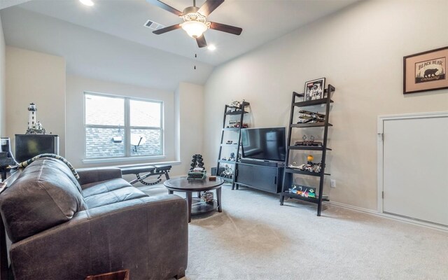 living area featuring visible vents, ceiling fan, recessed lighting, carpet, and vaulted ceiling