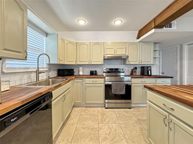 209 Lake Frst, Canyon Lake, TX 78133 - kitchen featuring stainless steel range with electric cooktop, a sink, black dishwasher, decorative backsplash, and butcher block counters