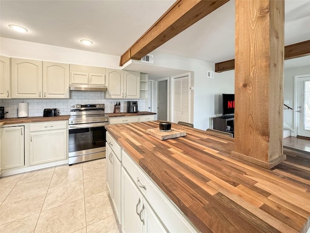 209 Lake Frst, Canyon Lake, TX 78133 - kitchen with beam ceiling, butcher block counters, under cabinet range hood, and stainless steel range with electric cooktop