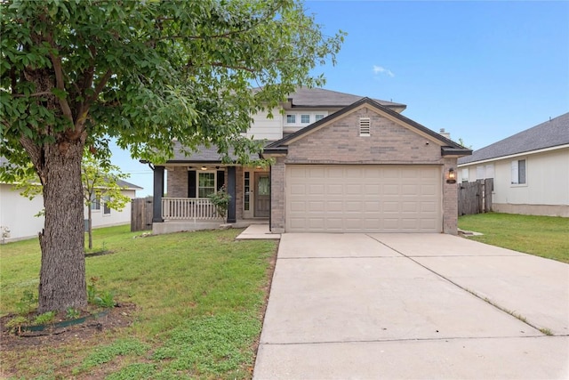 234 Saint Marys Dr, Hutto, TX 78634 - traditional home with covered porch, brick siding, a front lawn, concrete driveway, and an attached garage