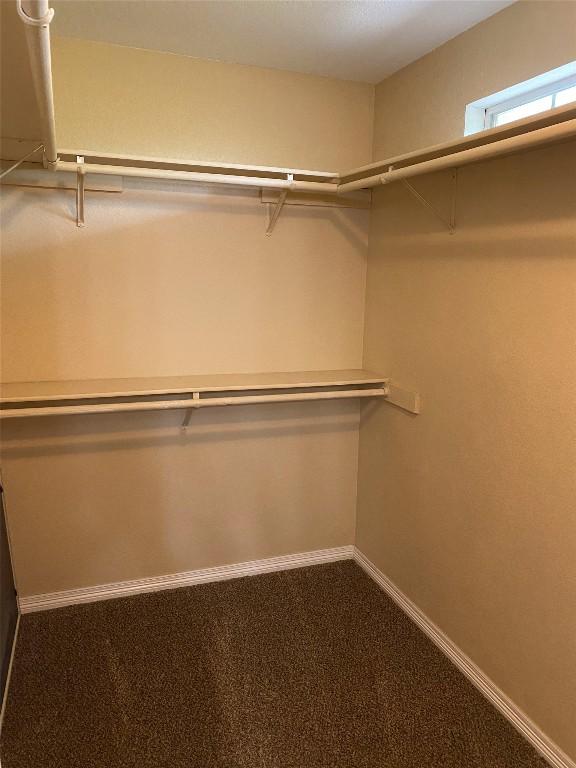 walk in closet featuring dark colored carpet