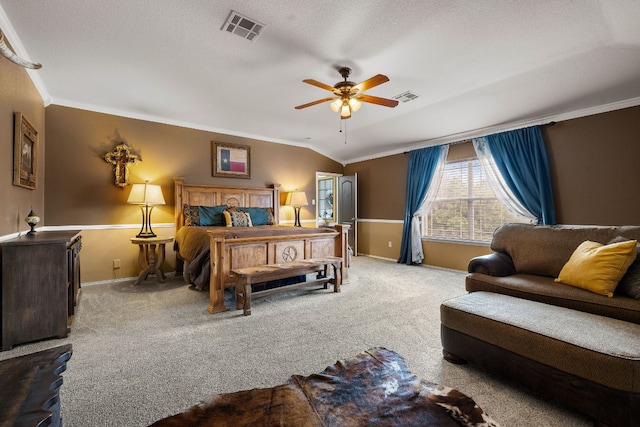 bedroom featuring carpet floors, ornamental molding, baseboards, and visible vents