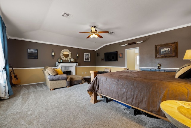 bedroom featuring visible vents, carpet flooring, and crown molding