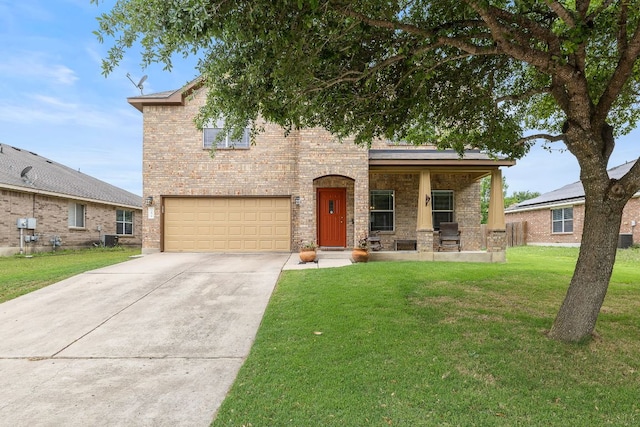 view of front facade with brick siding, a garage, a front yard, concrete driveway, and covered porch
