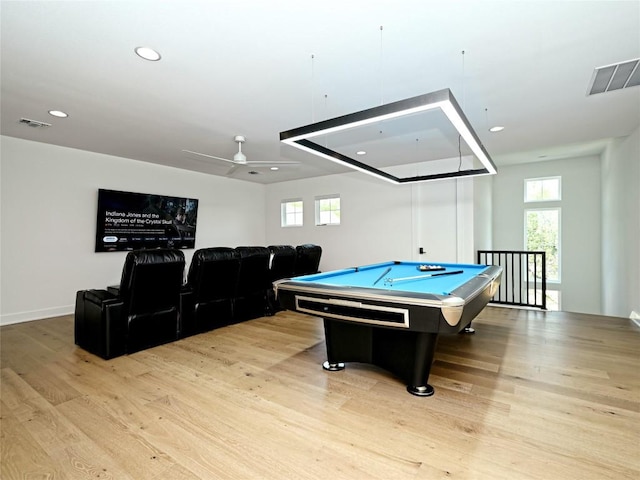 recreation room with recessed lighting, pool table, wood finished floors, and a wealth of natural light