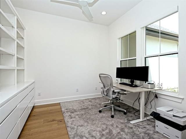 home office featuring ceiling fan, recessed lighting, light wood-style flooring, and a wealth of natural light