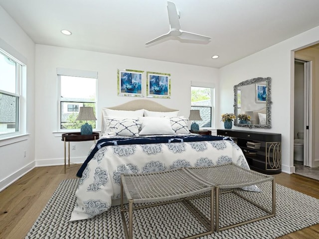 bedroom with baseboards, ceiling fan, recessed lighting, and wood finished floors