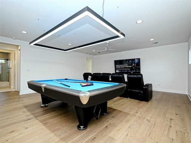 rec room featuring visible vents, wood finished floors, baseboards, recessed lighting, and billiards