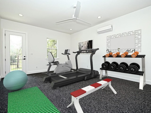 workout room featuring a ceiling fan, baseboards, a wall mounted AC, and recessed lighting