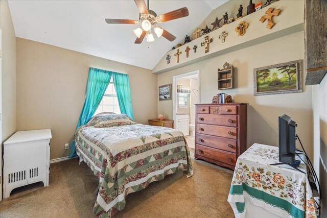 2334 County Road 464, Elgin, TX 78621 - bedroom featuring ensuite bathroom, light carpet, a ceiling fan, and lofted ceiling