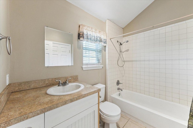 2334 County Road 464, Elgin, TX 78621 - full bath featuring vanity, tile patterned flooring, lofted ceiling, toilet, and  shower combination