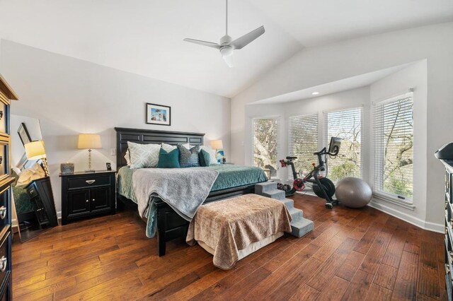 3605 Fawn Creek Path, Austin, TX 78746 - bedroom featuring dark wood-type flooring, vaulted ceiling, and ceiling fan