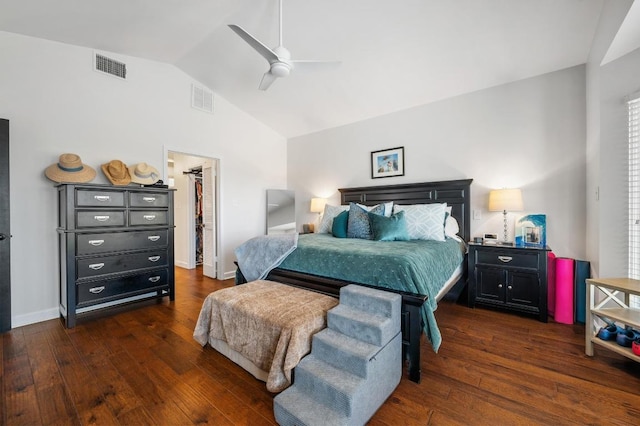 3605 Fawn Creek Path, Austin, TX 78746 - bedroom with wood-type flooring, a walk in closet, high vaulted ceiling, and ceiling fan