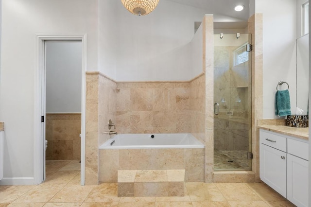 3605 Fawn Creek Path, Austin, TX 78746 - bathroom with a stall shower, a bath, vanity, and tile patterned flooring
