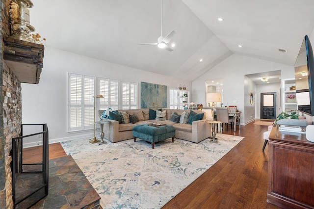 3605 Fawn Creek Path, Austin, TX 78746 - living area with high vaulted ceiling, a ceiling fan, dark wood-style floors, and recessed lighting