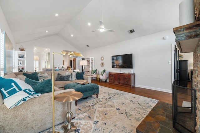 3605 Fawn Creek Path, Austin, TX 78746 - living room with ceiling fan, wood finished floors, and high vaulted ceiling