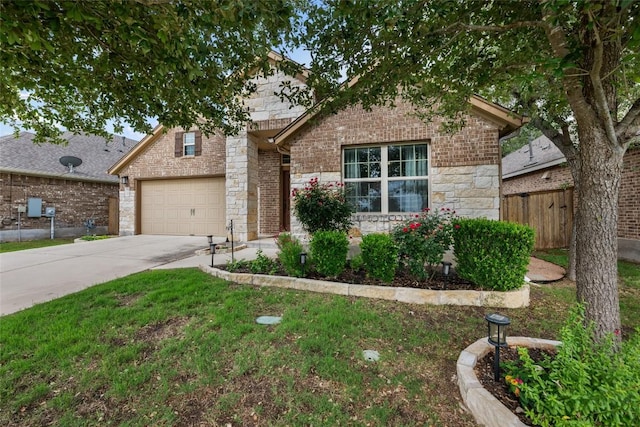 view of front of home featuring fence, brick siding, a garage, stone siding, and concrete driveway
