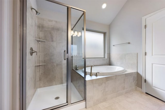 full bath featuring tile patterned flooring, a shower stall, recessed lighting, and a bath