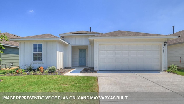 view of front of property featuring board and batten siding, an attached garage, concrete driveway, and a front lawn