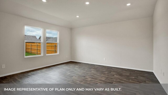 empty room featuring recessed lighting, baseboards, and dark wood finished floors
