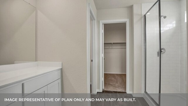 bathroom with vanity, wood finished floors, a spacious closet, and a shower stall