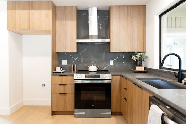 kitchen with wall chimney range hood, stainless steel electric range, a sink, modern cabinets, and dishwashing machine