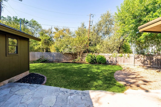 view of yard with a fenced backyard and a patio