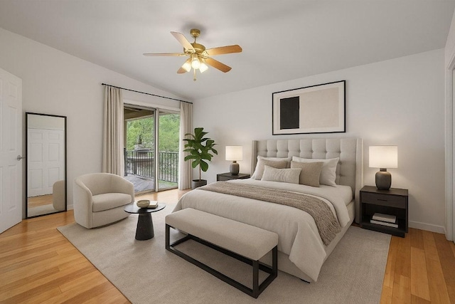 1304 Mariposa Dr Unit 231, Austin, TX 78704 - bedroom with lofted ceiling, access to outside, light wood-style floors, and ceiling fan
