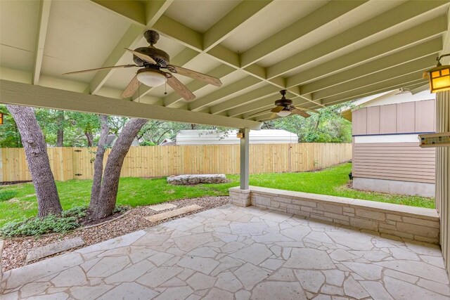view of patio / terrace featuring a fenced backyard and a ceiling fan