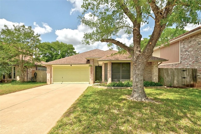 ranch-style home with fence, driveway, brick siding, and a garage