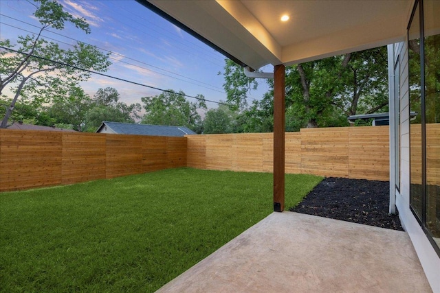 view of yard featuring a fenced backyard and a patio area