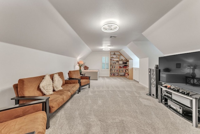 10636 Bramblecrest Dr, Austin, TX 78726 - living area featuring carpet flooring and vaulted ceiling